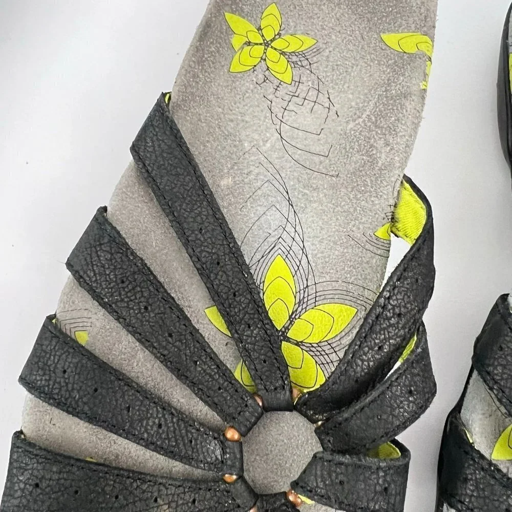 Abeo Sandals Womens 8 N‎ Farren Strappy Slides Black Leather Open Toe Floral